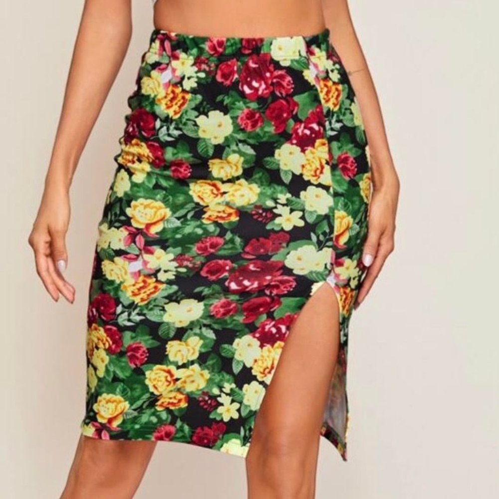 Skirt Split Thigh Floral Print Large Ladie…